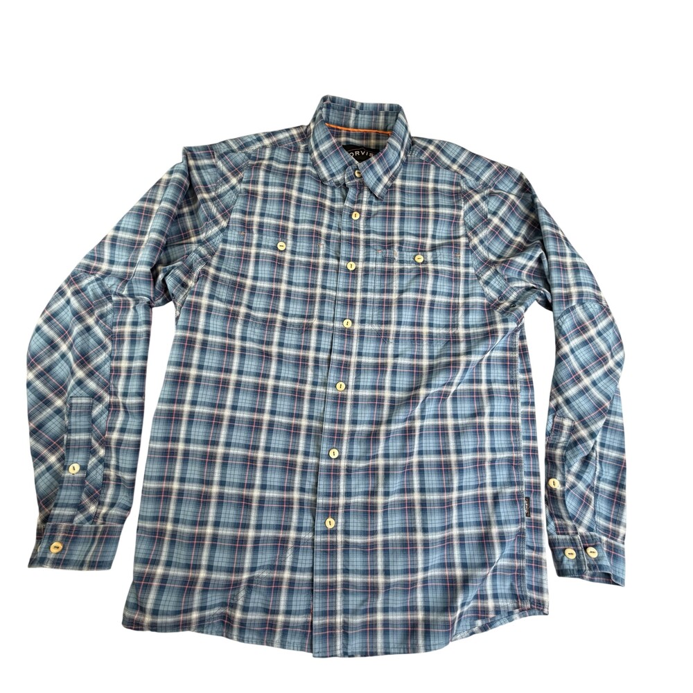 Orvis Trout Bum Shirt Mens Medium Blue Plaid Long Sleeve Button Front Vented